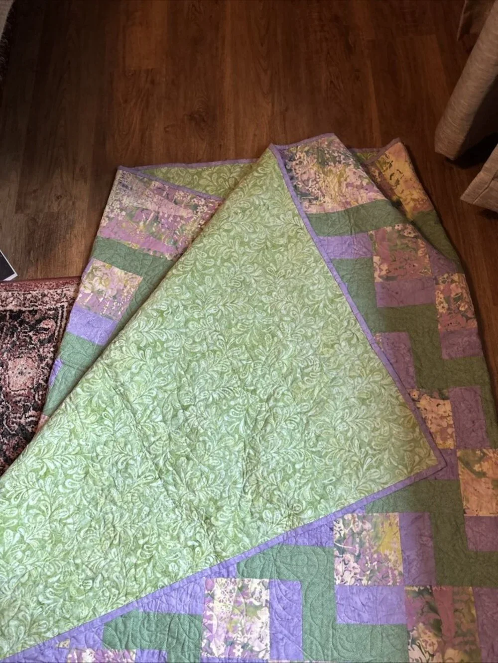 Homemade Modern King Quilt Green & Purple Size 100 X 92 Nine Patch
